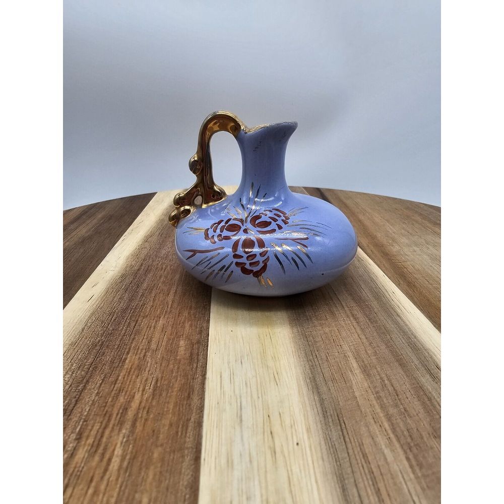Vintage La Pere Blue W Handpainted Pinecone Design & Gold Trim Ewer Cruet Jug...